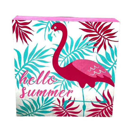Hello Summer Flamingo Wooden Block Wall Art 6x6 Inches Tropical Decor Pink Green - Picture 1 of 9